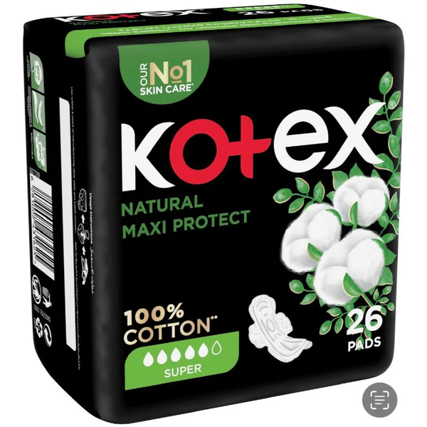 Kotex 100% Cotton Natural Maxi Super Sanitary Pads, 26 Pieces