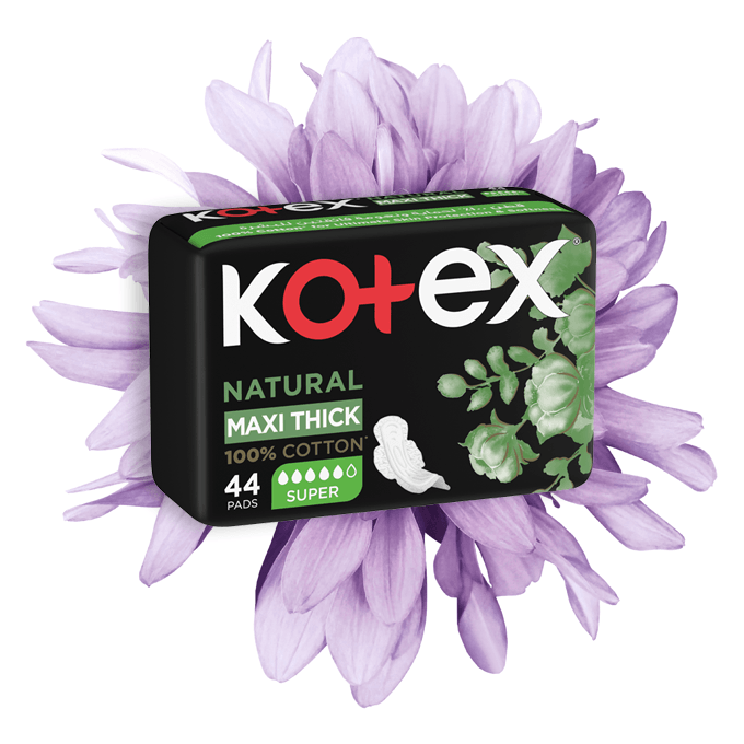 Kotex Natural Maxi Thick Cotton Super Sanitary Pads, 44 Pieces