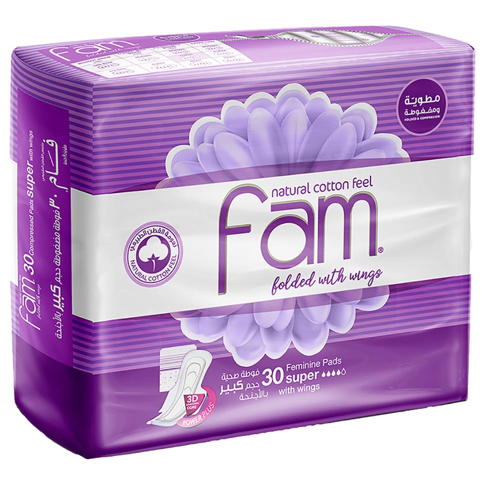 Fam Maxi Folded Super Sanitary Pads With Wings, 30 Pads