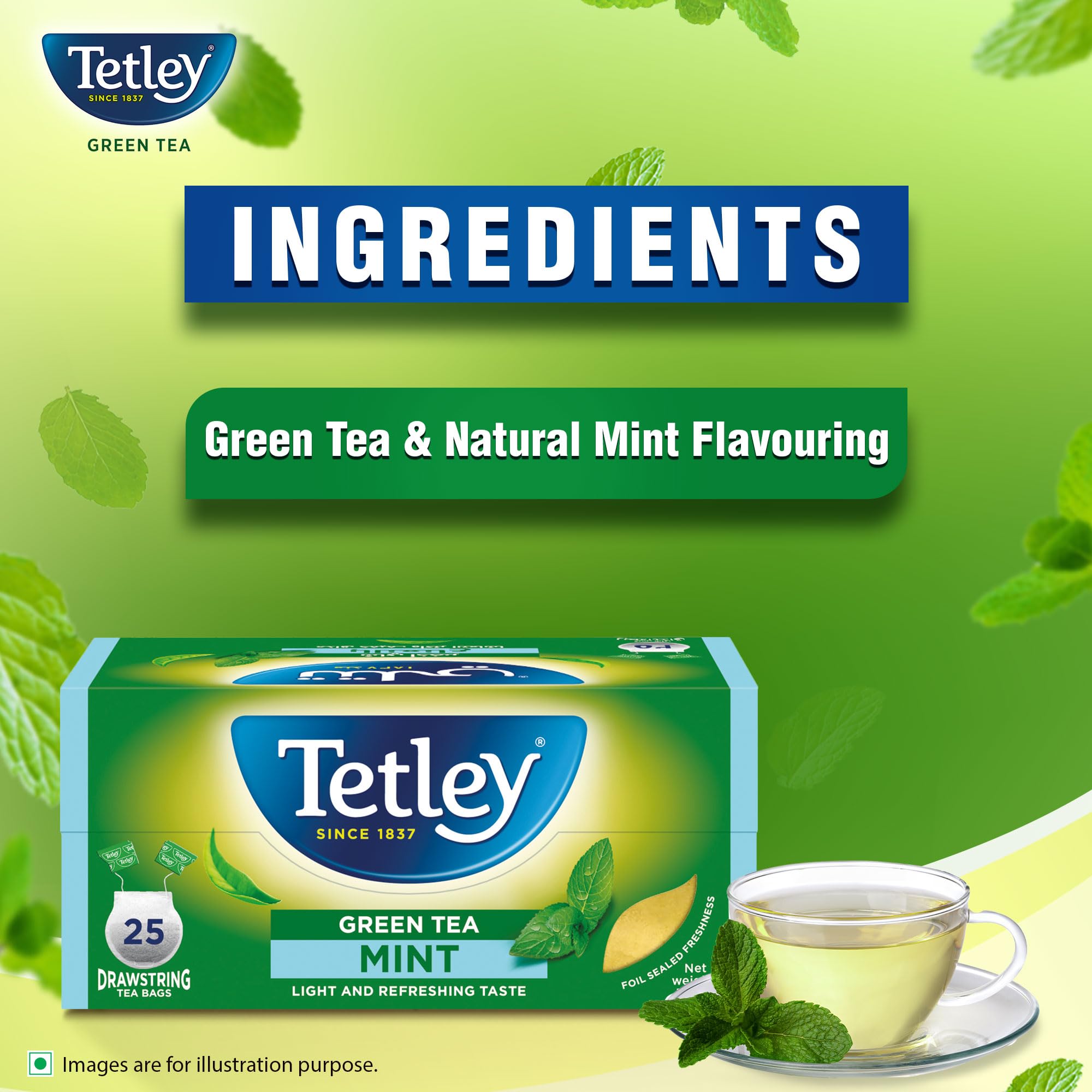 Tetley Drawstring Mint Green Tea Bags, 25 Pieces
