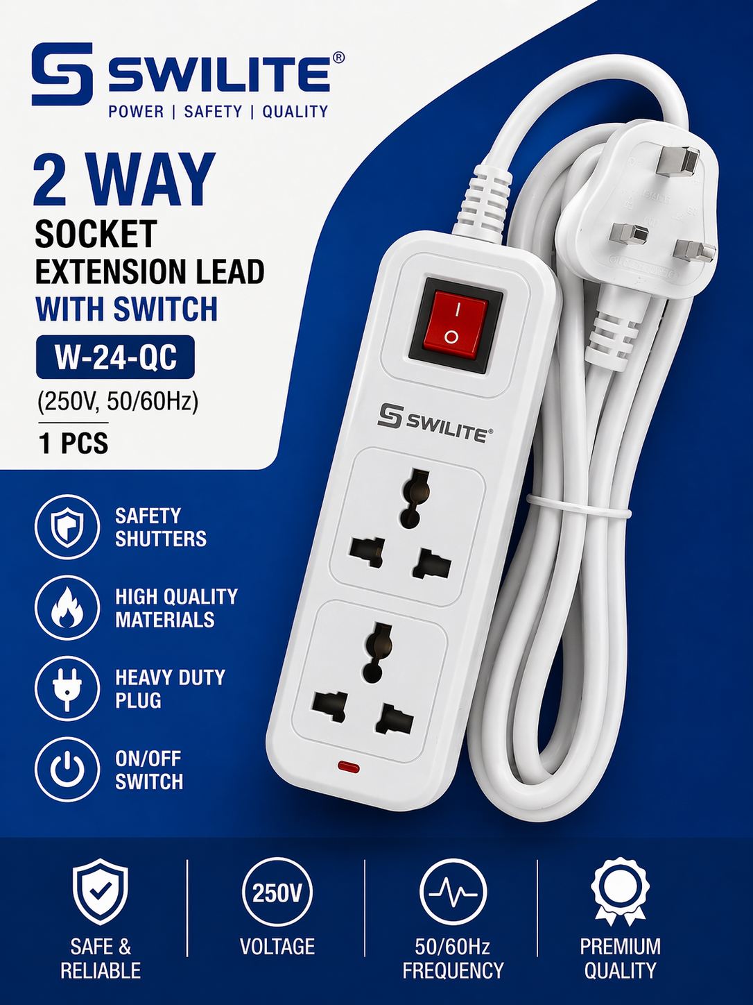 Swilite 2 Way Socket Extension Lead With Switch W-24-qc (250v, 50/60hz) 1 Pcs