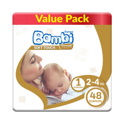 Sanita Bambi Baby Diapers Value Pack, Size 1, New Born, 2-4kg, 48 Count