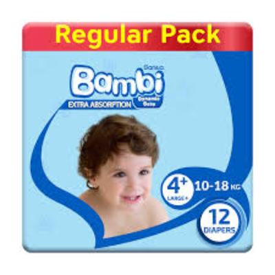 Sanita Bambi Baby Diapers Regular Pack, Size 4+, Large Plus, 10-18kg, 12 Count
