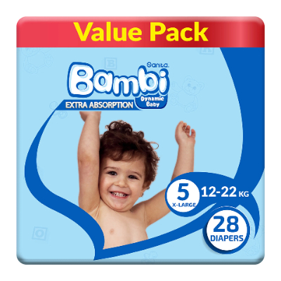 Sanita Bambi Baby Diapers Value Pack, Size 5, X-large, 12-22kg, 28 Count
