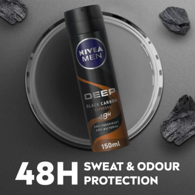 Nivea Men Deep Black Carbon Espresso Antiperspirant Antibacterial Deodorant Spray, 150ML