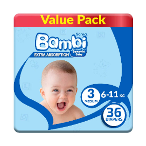 Sanita Bambi Baby Diapers Value Pack, Size 3, Medium, 6-11kg, 36 Count