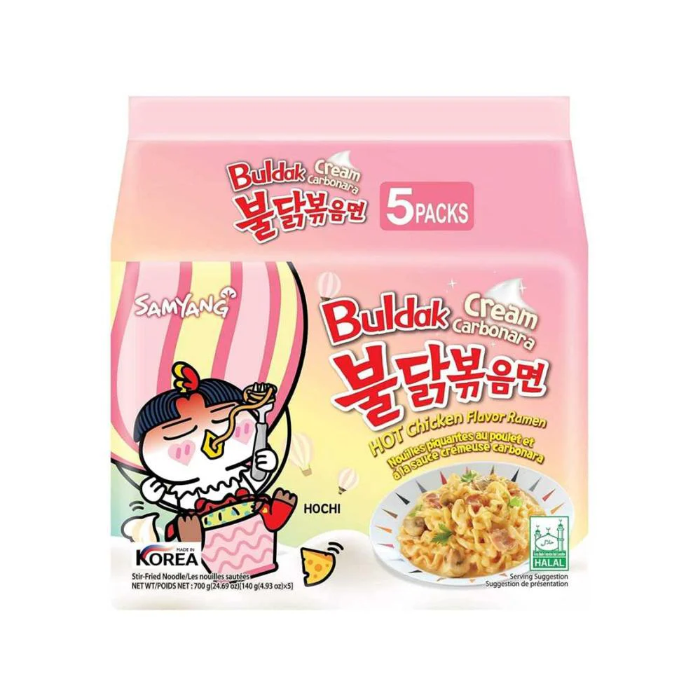 Samyang Buldak Cream Carbonara Hot Chicken Flavor Ramen Stir Fried Noodles Pack, 5x140g