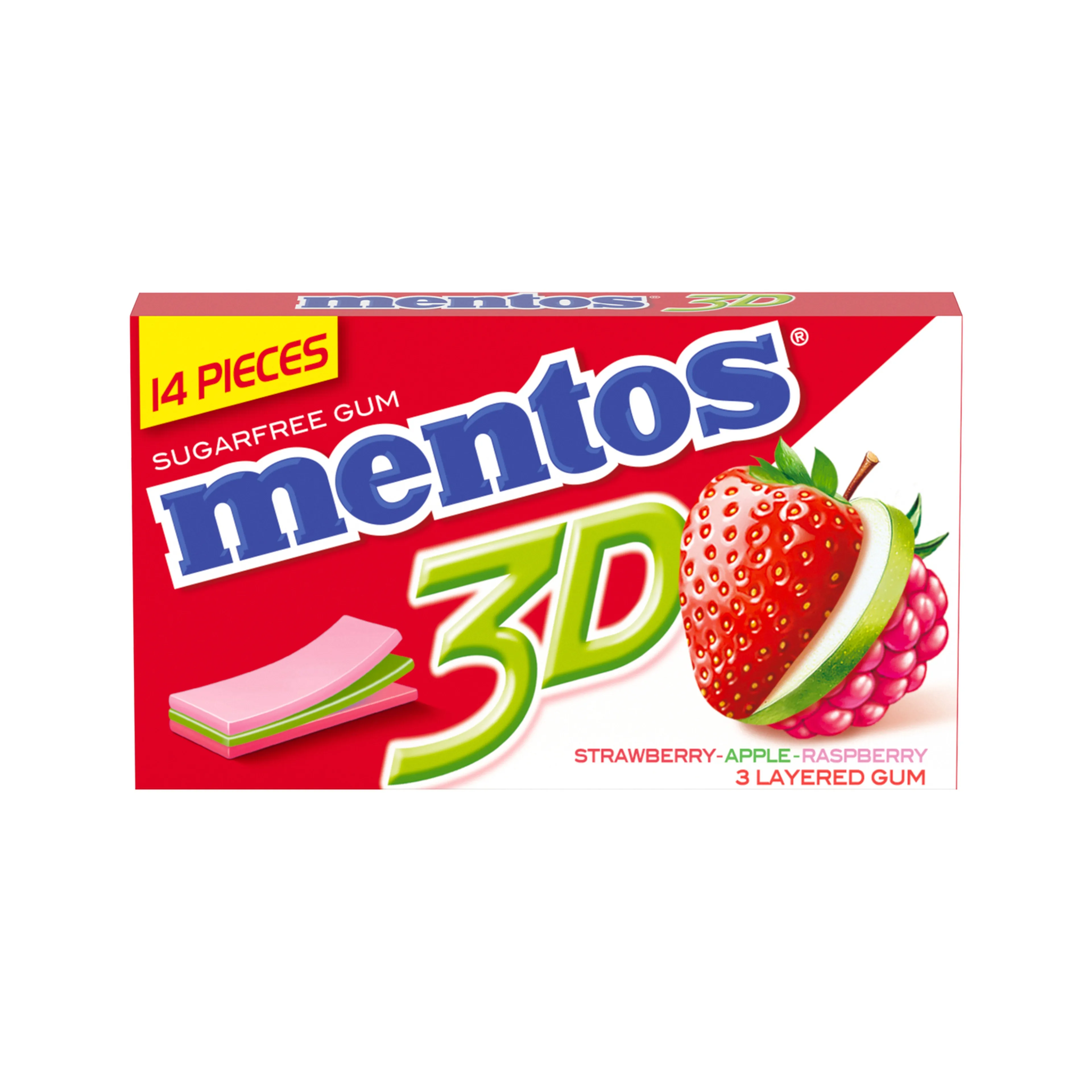 Mentos 3d Fruity Sugar Free Strawberry Apple Rasberry Gum, 33g