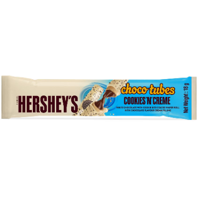 Hershey's choco tubes cookies n creme wafer roll with white chocolate & cookie bits, 18gm