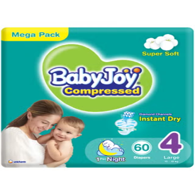 Babyjoy Diapers Mega Pack, Large, Size 4, 60 Pieces